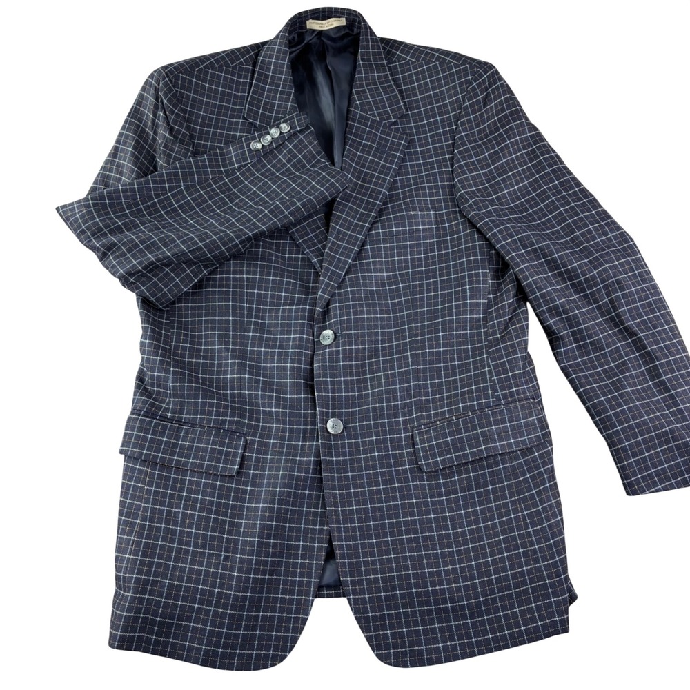 TravelSmith Blazer Mens 40R Navy Blue Silk Bamboo Windowpane‎ Sport Coat Blazer - Picture 2 of 14